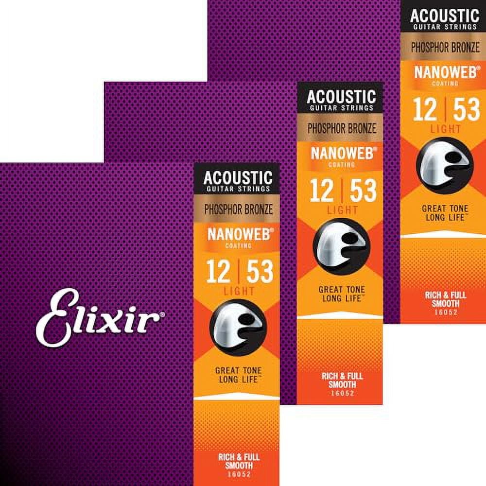 Elixir Acoustic Guitar Strings NANOWEB Phosphor Bronze Light .012-.053 16052 Set of 3