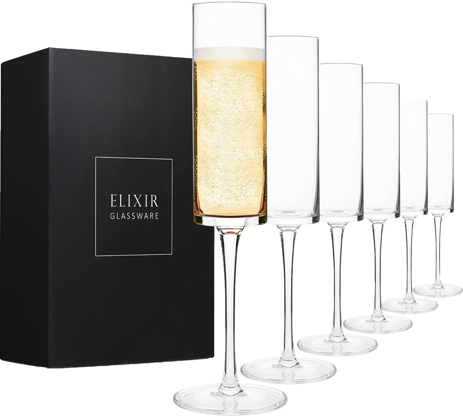 Elixir Edge Champagne Flutes, Set of 6 - Wedding, Anniversary, Birthday, Engagement Gift - 6oz - Glass