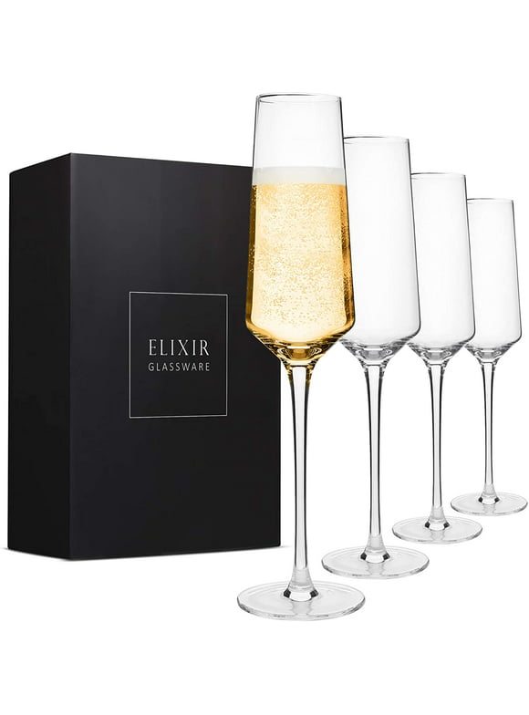 Elixir Glassware Crystal Champagne Flutes - Set of 4, 8oz - Elegant Modern Design