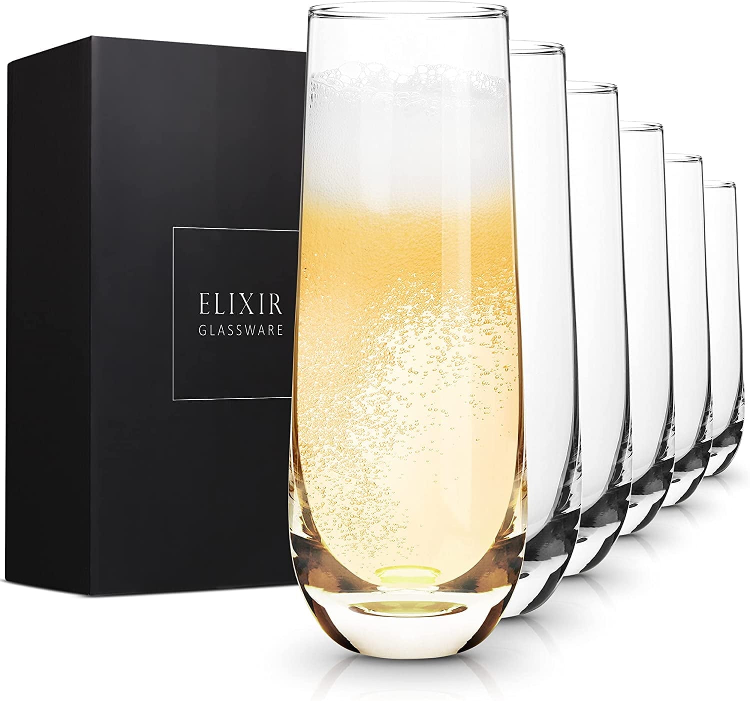 Elixir Glassware Stemless Champagne Flutes, Crystal, Hand Blown, Set of 6, 8 oz, Clear
