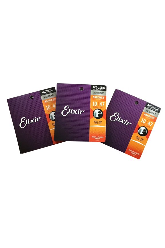 Elixir Guitar Strings 80/20 Bronze Nanoweb Extra Light 10-47 3 Pack