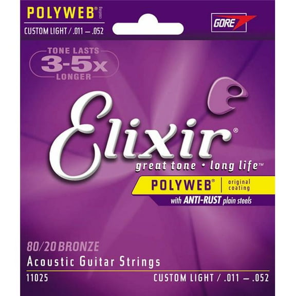 Elixir  Polyweb 80-20 Bronze Custom Light Acoustic Guitar Strings Set