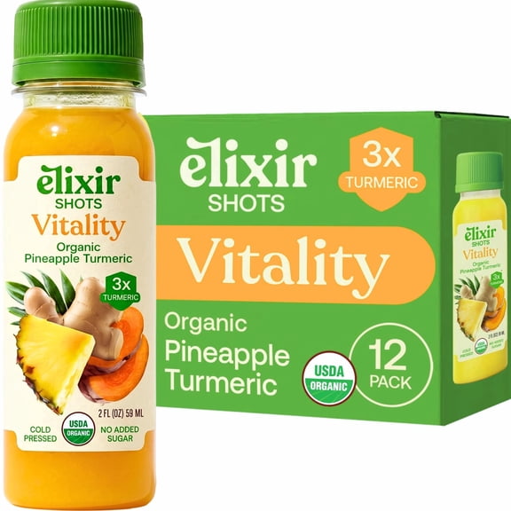 Elixir Shots Vitality (12 Pack) Immunity Wellness Shot with 100% Organic Ingredients Cold-Pressed Red Hawaiian Turmeric, Peruvian Ginger, Pineapple and Black Pepper, No Sugar or Artificial
