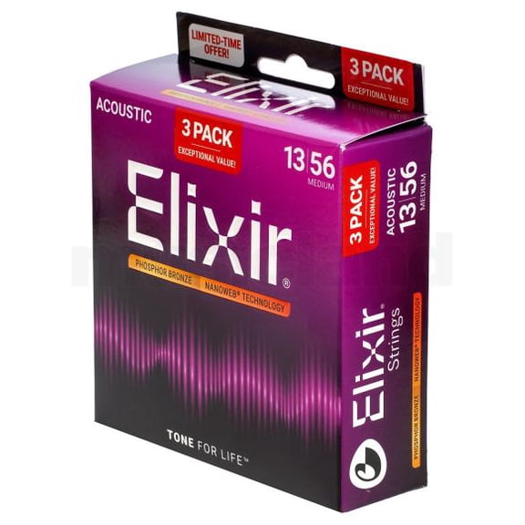 Elixir Strings 16570 Acoustic Guitar Strings, Phosphor Bronze with NANOWEB Coating, 6 String Set, 3 Pack, Medium 13-56