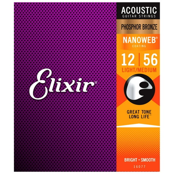 Elixir Strings - Acoustic Phosphor Bronze with NANOWEB Coating - Elixir Acoustic Guitar Strings - Light/Medium .012-.056 16077