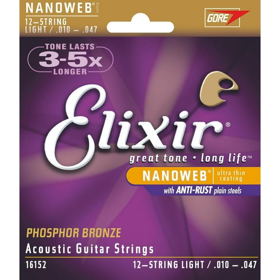 Elixir 16152 12-String Nanoweb Acoustic Guitar Strings, Light, 10-47