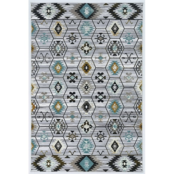 Elixir Tempe Grey Turquoise Area Rug 8x10 100% Polyester Distressed Style