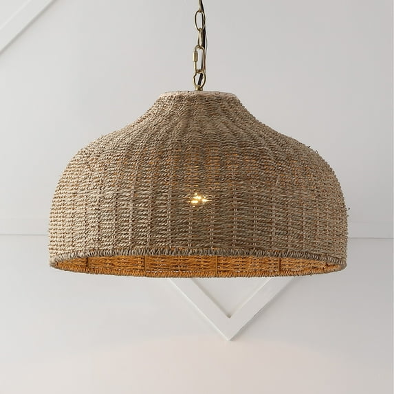 JONATHAN Y Eliza 20" 1-Light Coastal Bohemian Rattan/Iron Dome LED Pendant, Brown/Brass Gold