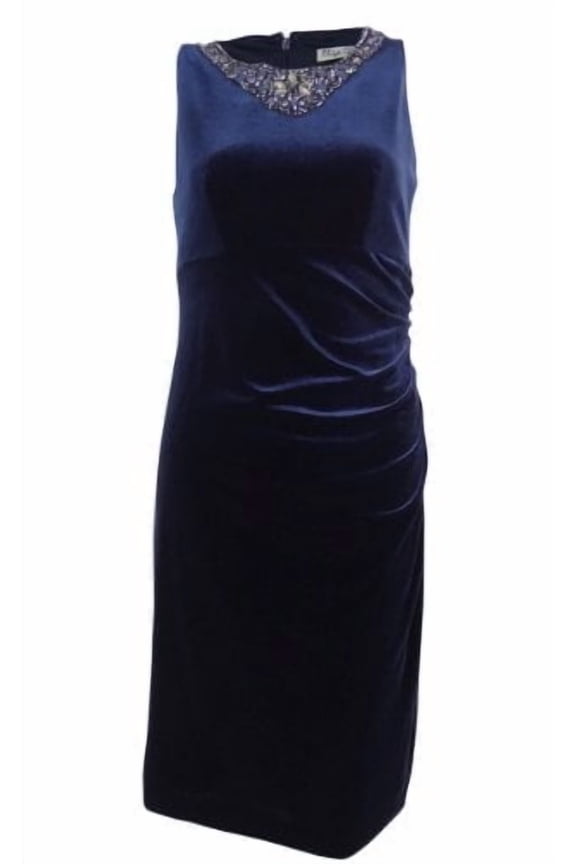 Embellished Ruched Velvet Sheath Dress (8, Navy)