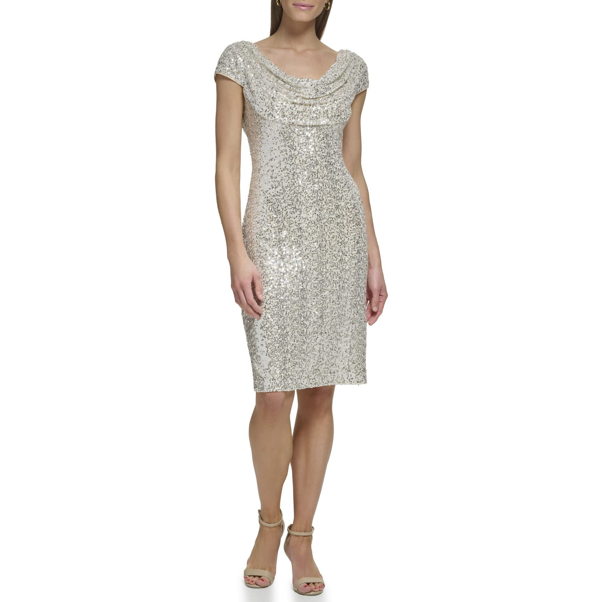 eliza j gold dress Eliza J womens 3D Floating Flowers Mesh Midi Dress, 6, Gold