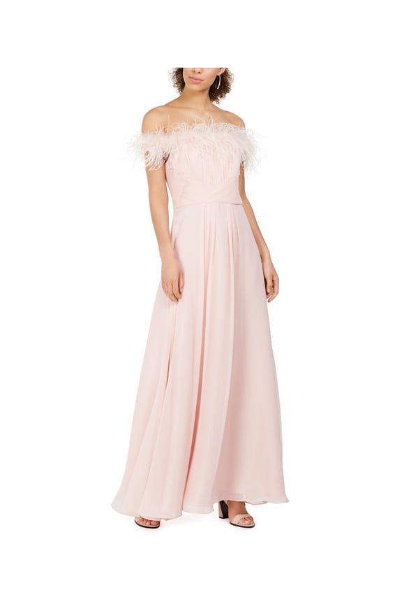 Womens Faux-Feather Off-Shoulder Gown Dress, Pink, Petite, 6P