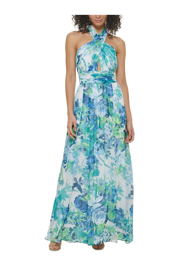 Womens Halter Pleated Evening Dress