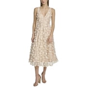 Eliza J womens 3D Floating Flowers Mesh Midi Dress, 2, Gold