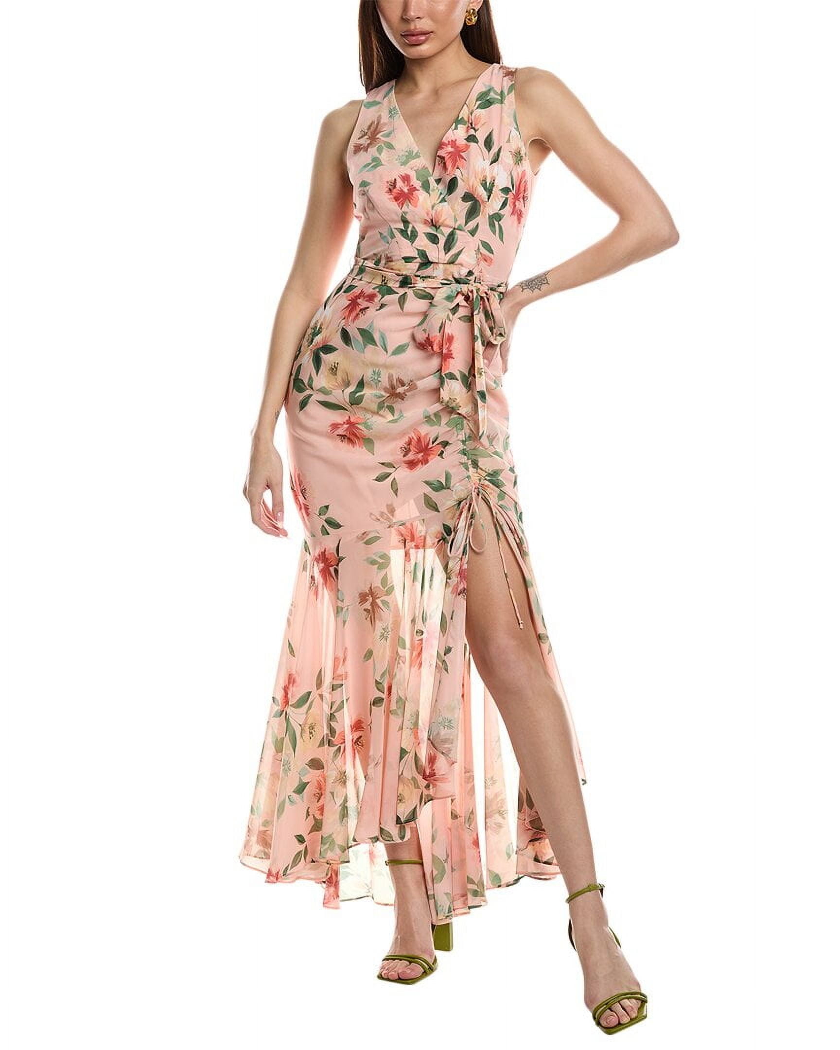 knee length dresses for ladies Eliza J Printed Metallic Clip Chiffon Maxi Dress, Pink / 2