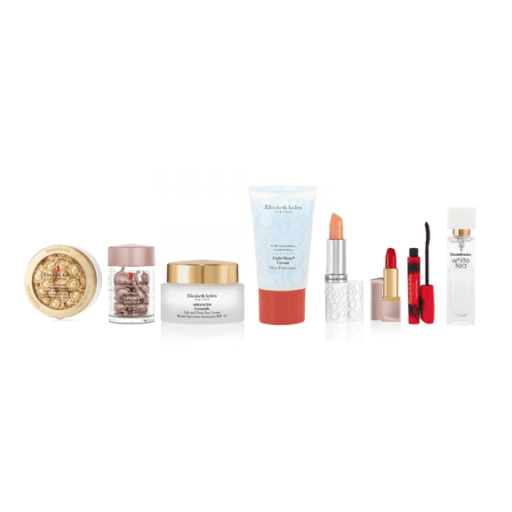 Elizabeth Arden 9Piece Skincare & Beauty Gift Set with Ceramide Capsules, Retinol Capsules, Creams, Lipstick, Mascara, White Tea EDT, and Handbag