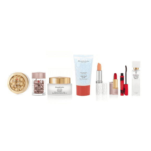Elizabeth Arden 9Piece Skincare & Beauty Gift Set with Ceramide Capsules, Retinol Capsules, Creams, Lipstick, Mascara, White Tea EDT, and Handbag