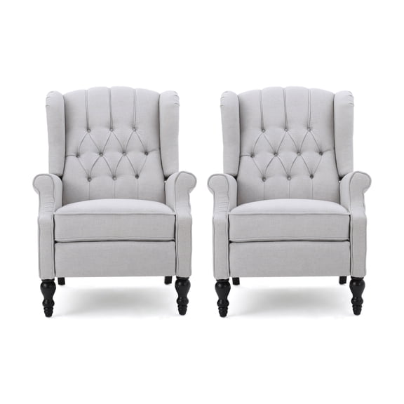 Elizabeth Contemporary Tufted Wingback Pushback Recliner, Set of 2, Light Gray Fabric and Dark Brown