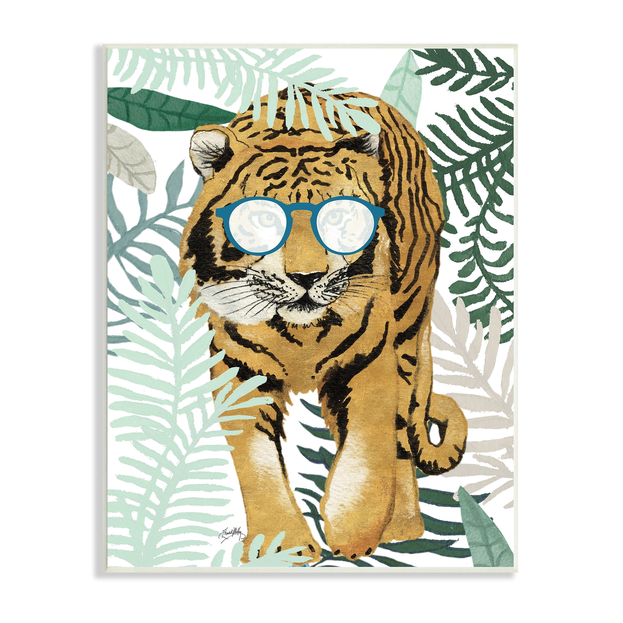 Funny Tiger Wearing Glasses Green Fern Leaf Plants Framed Wall Art
