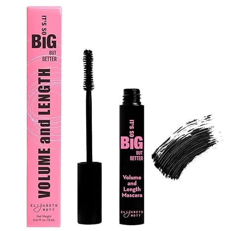 Elizabeth Mott It's So Big Volumizing Smudge-Proof Mascara, Water-Resistant Liquid Lash Extending Mascara Tube with Hourglass Wand - No Clump, Curl, Cruelty Free - 0.33fl oz / 10ml