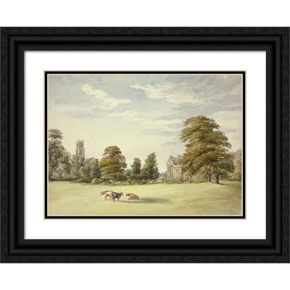 Elizabeth Murray 18x14 Black Ornate Wood Framed Double Matted Museum Art Print Titled - Cows Before Manor House and Church
