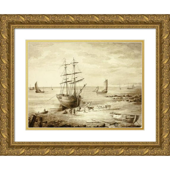 Elizabeth Murray 18x14 Gold Ornate Wood Frame and Double Matted Museum Art Print Titled - Loading Boat in Port
