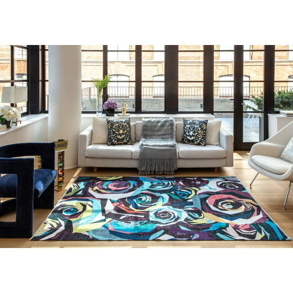 Elizabeth Sutton MI20B Every Rose Abstract/Floral Modern Black Area Rug, 2'7" x 8'