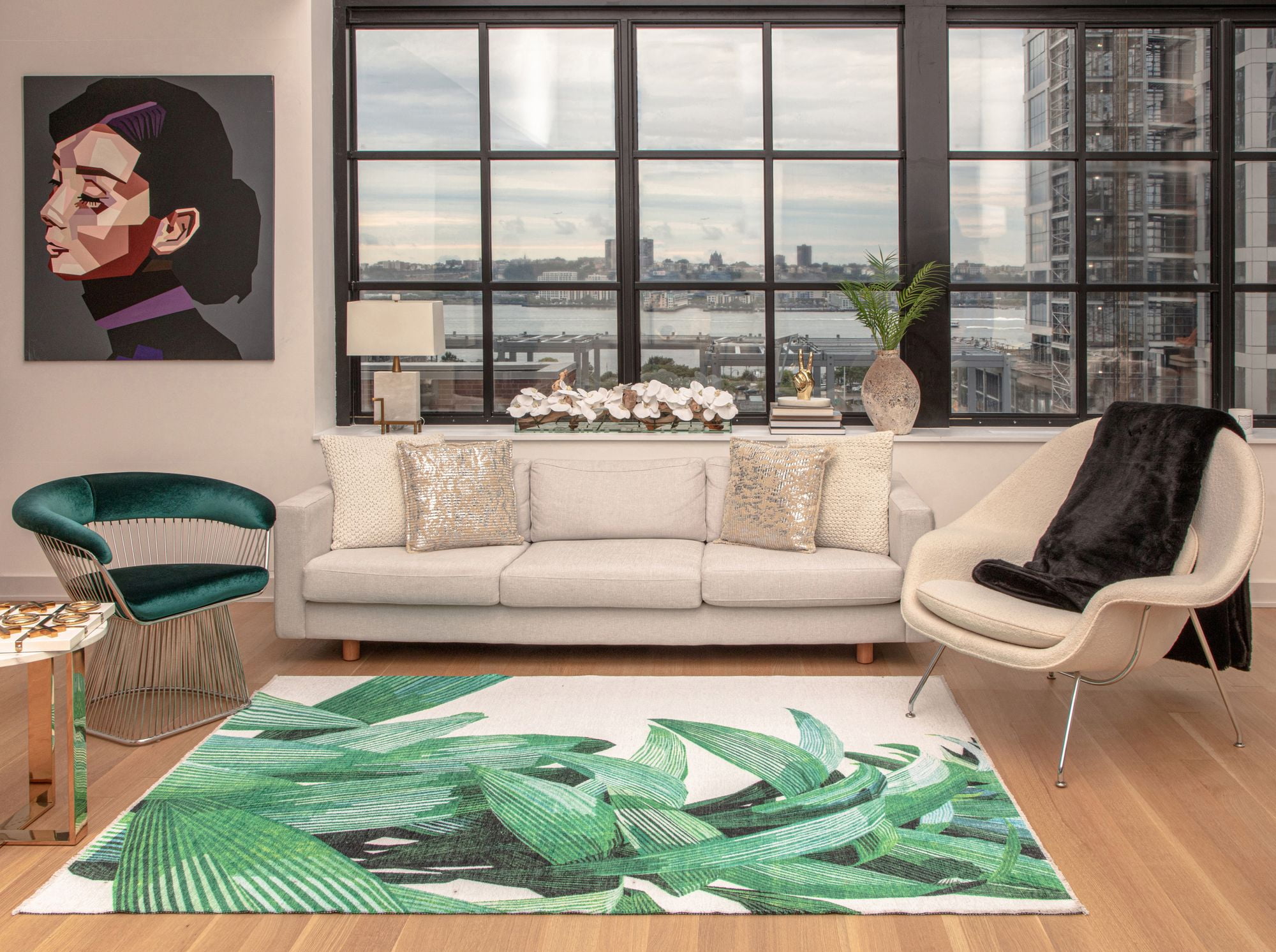 Elizabeth Sutton MI50A White Palm Floral Modern White Area Rug, 2'7" x 4'