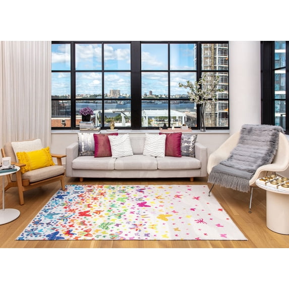 Elizabeth Sutton MI55A Social Butterflies Graphic Modern White Area Rug, 7'10"X10'0"