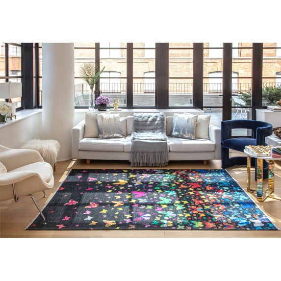 Elizabeth Sutton MI55B Winging It Graphic Modern Black Area Rug, 7'10"X10'0"