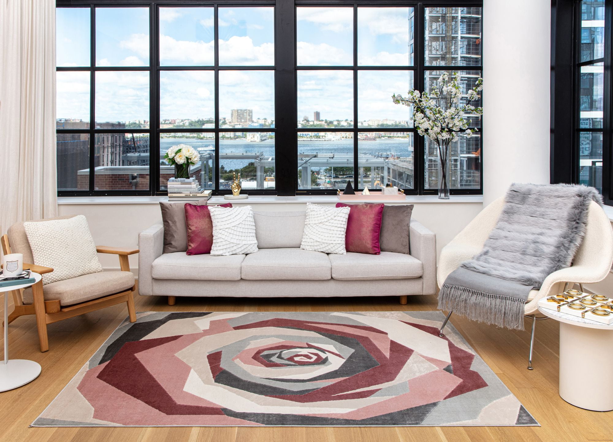 Elizabeth Sutton VE10C Cheery Blossom Floral/Geometric Modern Pink Area Rug, 2'0" x 4'0"