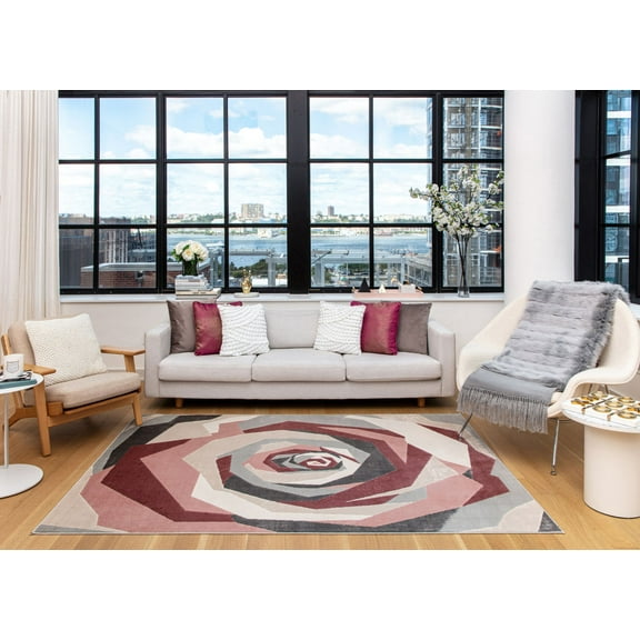 Elizabeth Sutton VE10C Cheery Blossom Floral/Geometric Modern Pink Area Rug, 2'0" x 4'0"