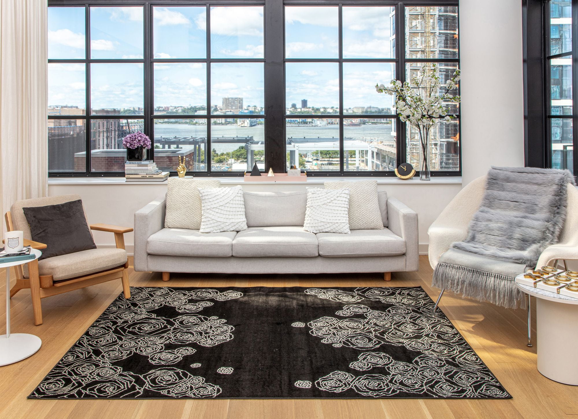 Midnight Floral Symphony Black Synthetic 8' x 10' Area Rug