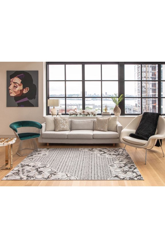 Elizabeth Sutton VE65B Cloud Nine Floral Modern Gray Area Rug, 2'0" x 4'0"