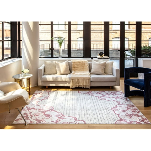 Elizabeth Sutton VE65C Tickled Pink Floral Modern Cream Area Rug, 2'0" x 4'0"