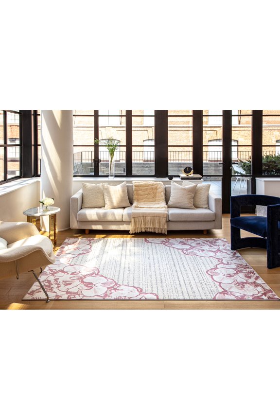 Elizabeth Sutton VE65C Tickled Pink Floral Modern Cream Area Rug, 2'0" x 4'0"
