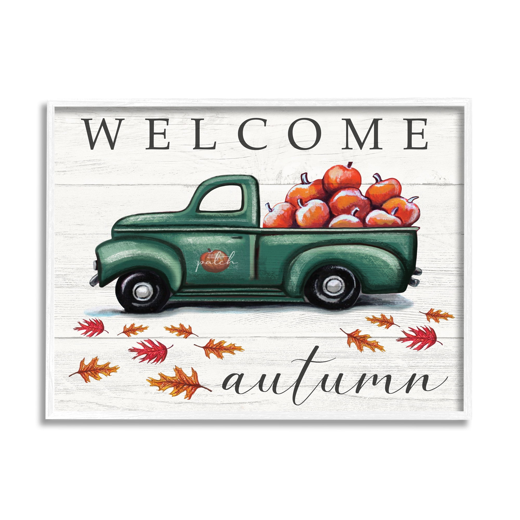 Elizabeth Tyndall Industries Green Farm Truck Autumn Apple Harvest Welcome Sign 30 in x 24 in Framed Painting Art Prints, by Stupell Home Décor
