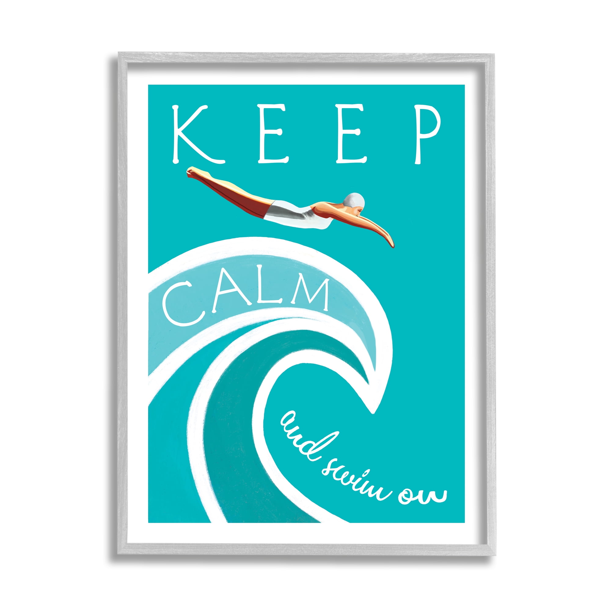 Elizabeth Tyndall Keep Calm Swim On Phrase Female Diver Blue Wave 24 in x 30 in Framed Painting Canvas Art Print, by Stupell Home Décor