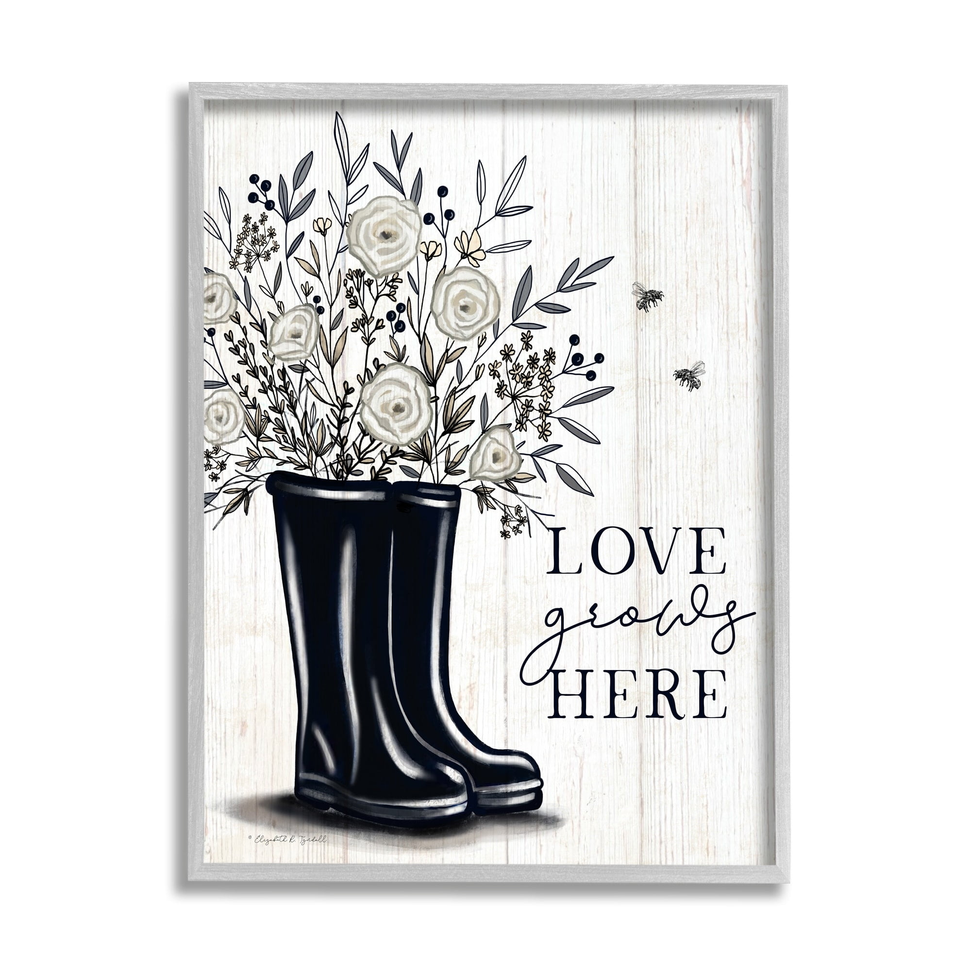 Elizabeth Tyndall Love Grows Here White Roses Black Rainboots Sign 16 in x 20 in Framed Painting Art Print, by Stupell Home Décor