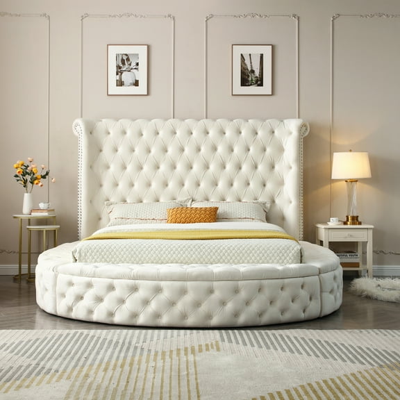 Elizabeth Upholstered Velvet Round Storage Queen Size Bed in Cream Color