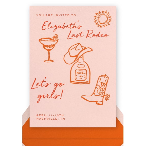 Elizabeth's Last Rodeo Invitation Card Fun Western Design with Margarita, Cowboy Hat, and Boots Perfect for Bachelorette Party or Celebration in Nashville, TN