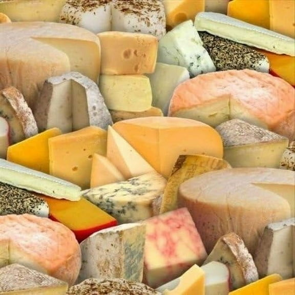 Elizabeth's Studio Food Festival Many Types of Cheeses All Over 100% Cotton Fabric sold by the yard