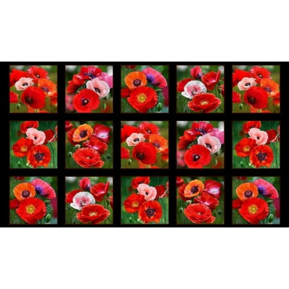 Elizabeth's Studio, Poppies Fabric 24x43 Panel 100% Cotton Fabric sold by the panel