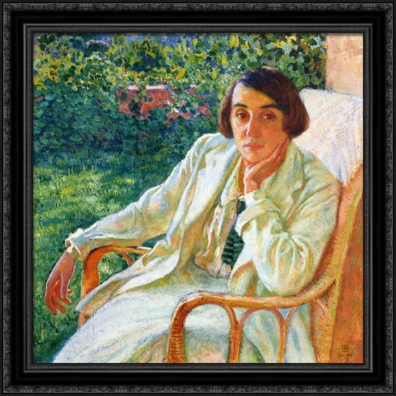 Elizabeth van Rysselberghe in a Cane Chair 28x28 Large Black Ornate Wood Framed Canvas Art by Theo van Rysselberghe