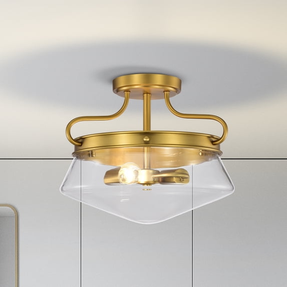 Elize Aged Brass 2-Light Metal & Glass Bowl Shade Semi-Flush Mount