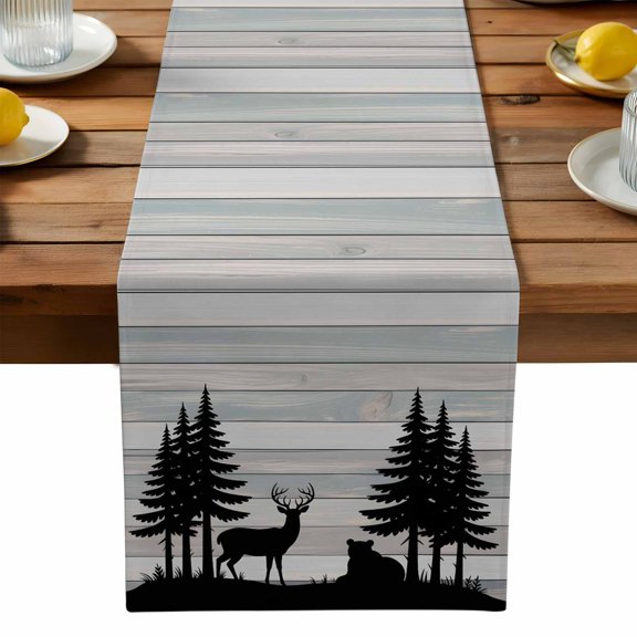Elk Bear Silhouette Table Runner, Forest Tree Nature Kitchen Table Runners Dress Scarves for Table Decorations Party/Restaurant/Indoor Outdoor Use, 13x90in