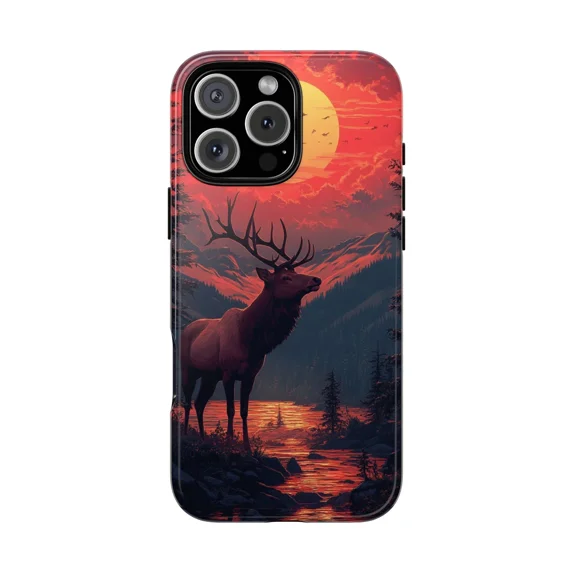 Elk Buck Deer Wilderness Sunset Outdoor Scene Phone Case with iPhone 11 to 17 Pro Max