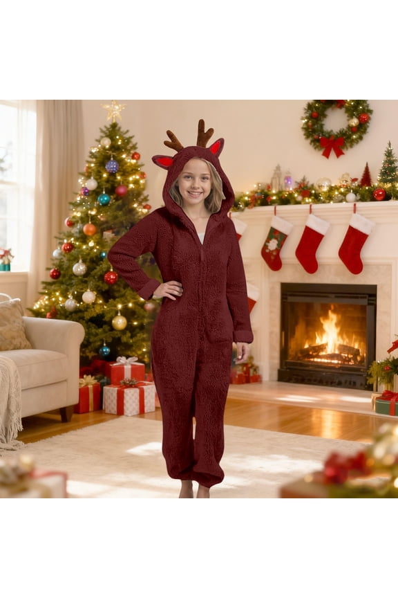 Elk Christmas Jumpsuits with Deer Hood Fleece Reindeer Onesie Zip up One Piece Fluffy Soft Warm Rompers Pajamas Fuzzy Hooded One Piece Onesie Winter Romper Flannel Loungewear Sleepwear,Red,4-5Y