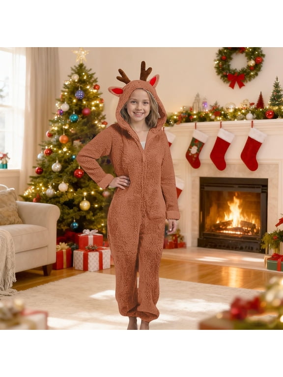 Elk Christmas Jumpsuits with Deer Hood Fleece Reindeer Onesie Zip up One Piece Fluffy Warm Rompers Pajamas Fuzzy Hooded One Piece Onesie Winter Romper Flannel Loungewear Sleepwear,Coffee,10-11Y