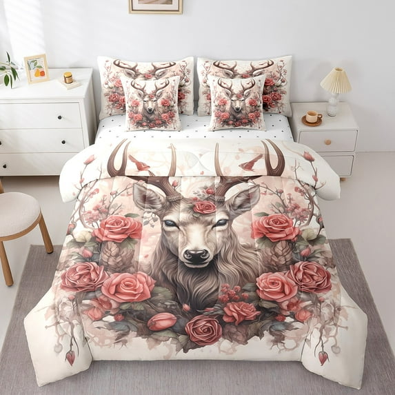 Elk Deer Bed in a Bag Queen Comforter Set 7 Piece,Vintage Rose Flowers Bedding Sets Gothic Reindeer Bed Set,Rustic Wild Animal Farmhouse Sheet Set with Comforter