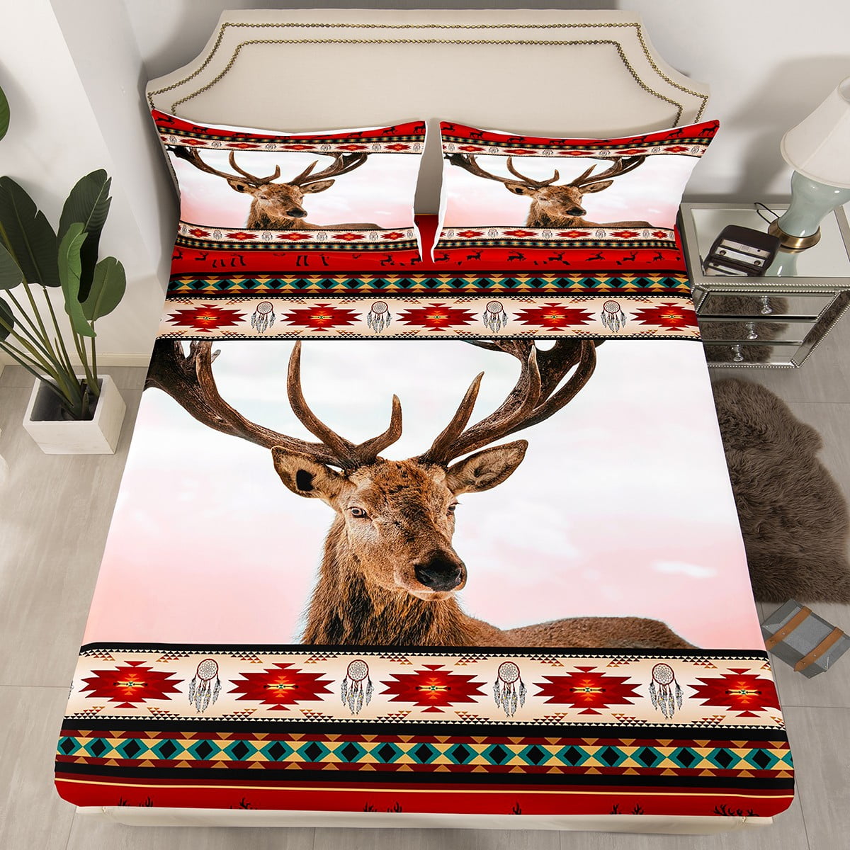 Elk Deer Bed Sheets Arrow Aztec Bedding Set,African Dream Catchers